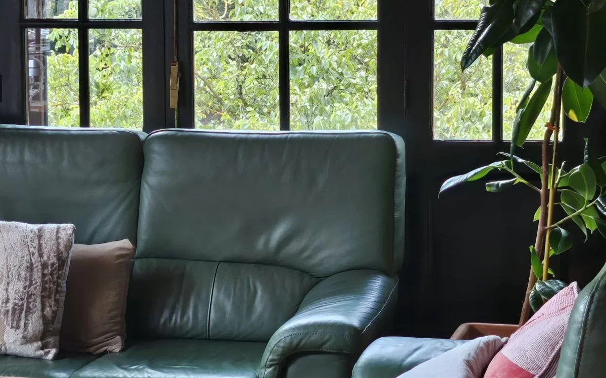 Sofá de piel verde junto a una planta en el salón de Hostería Dedieu