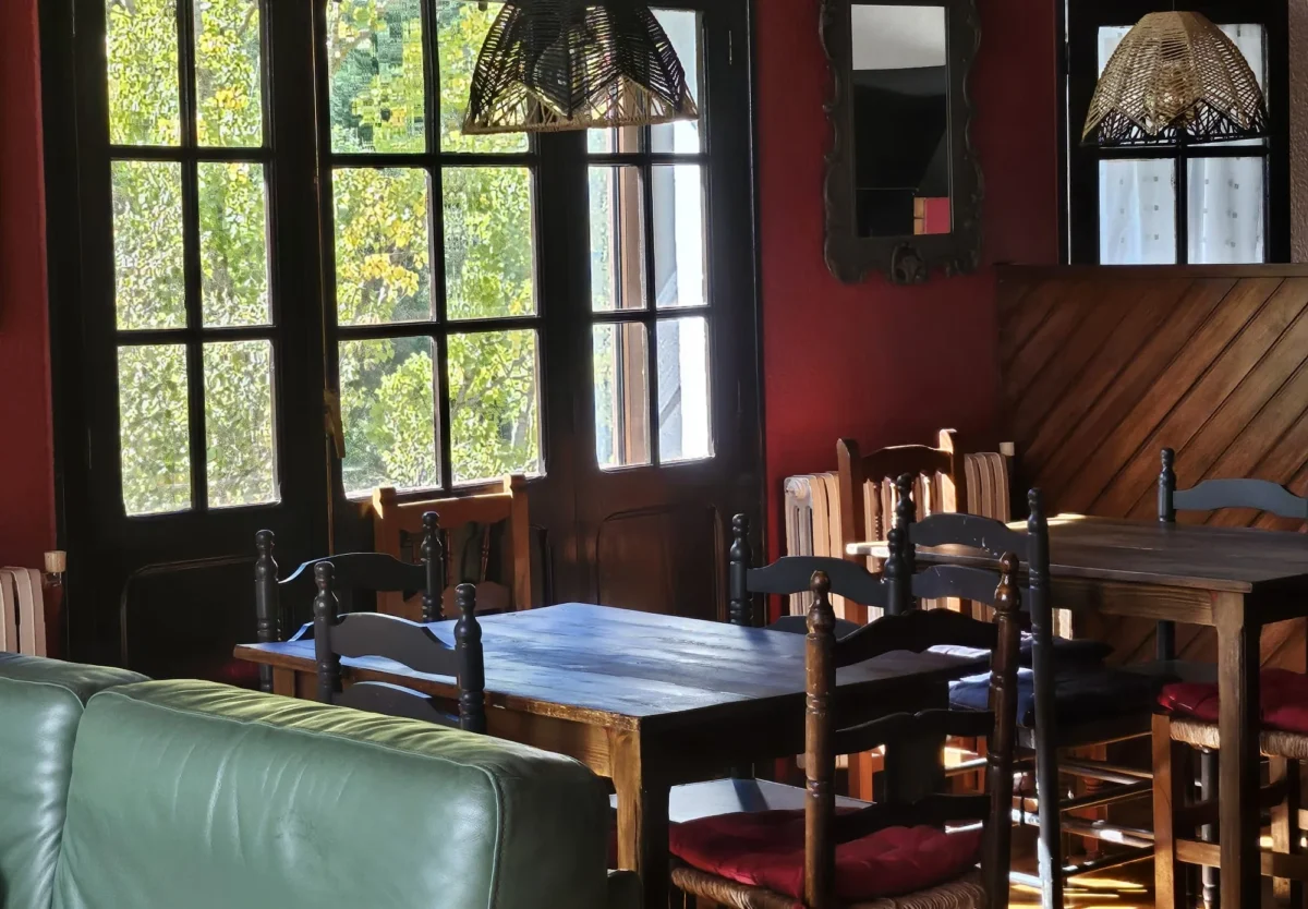 Salón de Hostería Dedieu con espejo y ventanales a la arboleda
