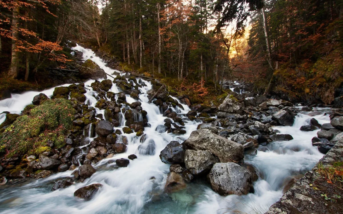 Cascada de Uelhs deth Joèu entre árboles de otoño, en la Artiga de Lin